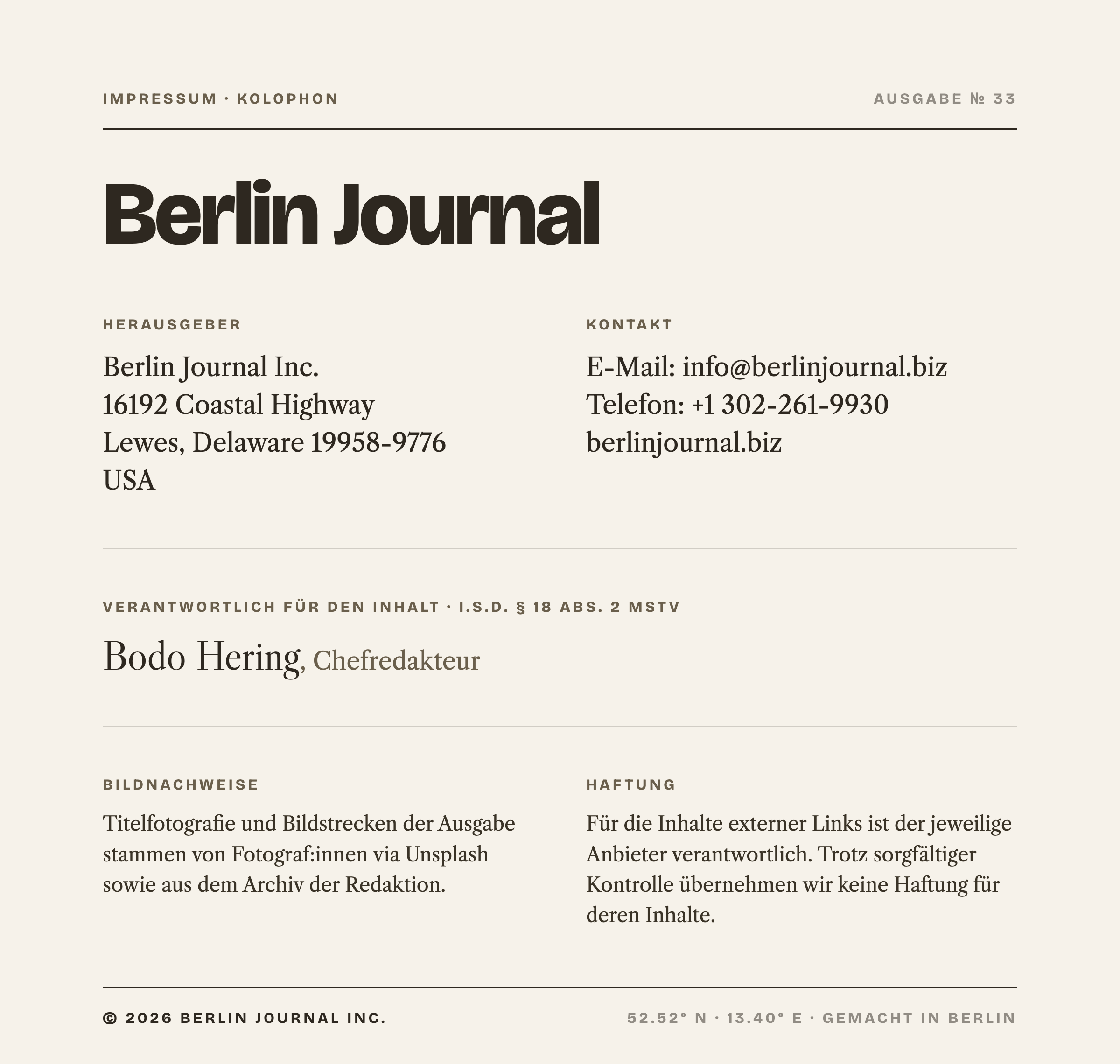 Impressum des Berlin Journal (als Bild hinterlegt)