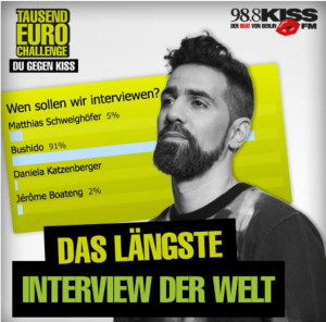 Weltrekordversuch: Am 24. September 2015 um 7 Uhr startet 98.8 Kiss FM mit Bushido ein 98 Stunden dauerndes Interview. Bricht Bushido oder der Moderator ab, erhält Radiohörer Nils, der die Aufgabe stellte, 1.000 Euro Wettgewinn. Foto: Facebook 98,8 Kiss FM