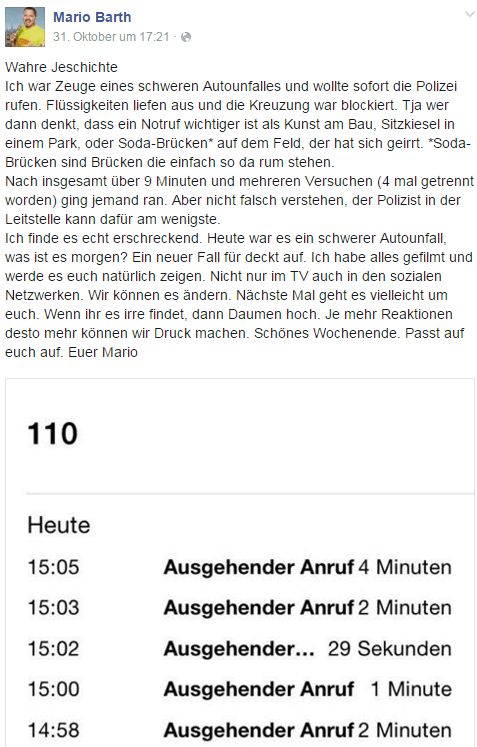Zweieinhalb Stunden nach seinem Unfall am 31. Oktober 2015, bei dem er mit seinem Porsche Panamera einen Peugeot an der Kreuzung Waltersdorfer Chaussee und Schönefelder Straße in Rudow rammte, weil Barth anscheinend ein Vorfahrtschild übersehen hatte, postete Mario Barth auf Facebook diese wahre Geschichte. (Ausriss Facebook/Mario Barth)