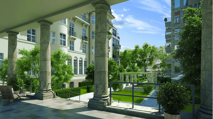 Säulengang im Baudenkmal Ottilie-von-Hansemann-Haus mit Blick rechts auf den geplanten Neubau im Hof in der Otto-Suhr-Allee 18-20 in Charlottenburg. (Fotoanimation: Grundstein.de)