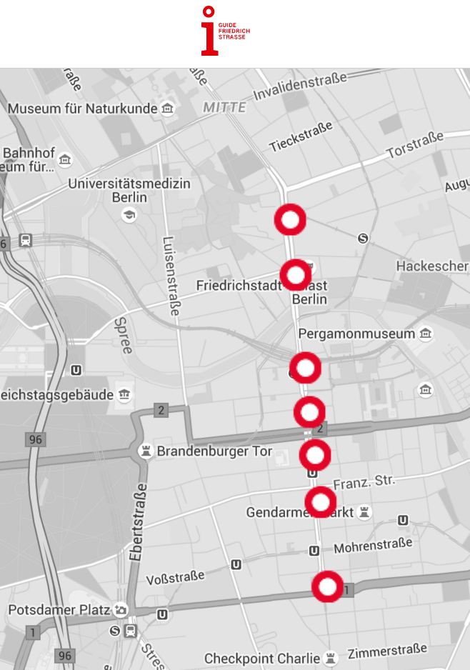 14 Tafeln an sieben Punkten beiderseits der Friedrichstraße sollten Infofilme per QR-Code aufs Smartphone von Besuchern liefern - der Senat stoppte das schon bezahlte Projekt wegen Gefährdung des Verkehrs. Schaden: 100.000 Euro (Karte: Guide-Friedrichstraße.de) 