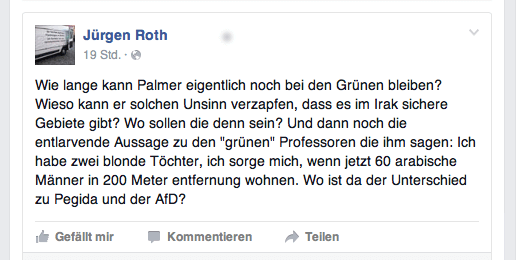 Publizist Jürgen Roth aus Frankfurt fragt auf Facebook: "Wie lange kann Palmer eigentlich noch bei den Grünen bleiben?"