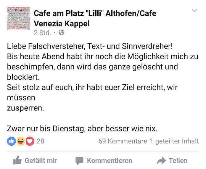 Wegen der kritischen Kommentare hat Peter Moser sein Cafe Lilli über Ostern gleich mal ganz geschlossen, wie er auf Facebook postete (Foto: Facebook) 