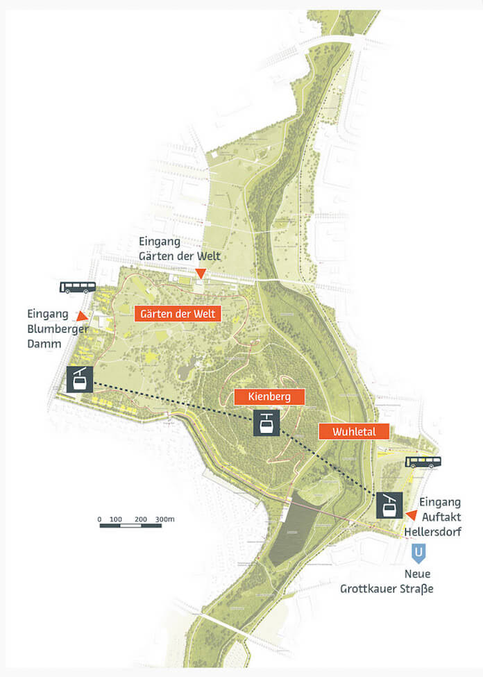 Die 1,5 Kilometer lange Seilbahnstrecke beginnt am U5-Bahnhof Neue Grottkauer Straße, hält auf dem Kienberg und gondelt bis zu den Gärten der Welt am Blumberger Damm (Karte: Leitner AG)