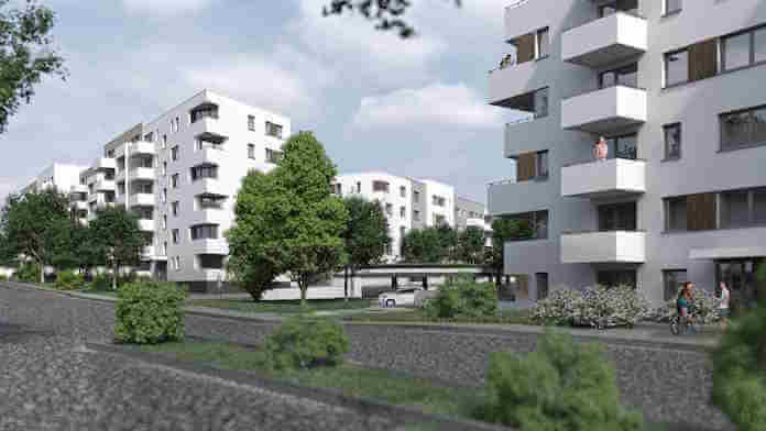 300 Wohnungen entstehen bis 2018 am Rande der Marzahner Joachim-Ringelnatz-Siedlung hier von der Cecilienstraße aus gesehen (Simulation: degewo AG)