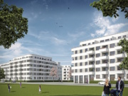 So sollen die bis zu sechsgeschossigen Häuser im neuen Quartier Pepitahöfe in der Mertensstraße im Spandauer Stadtteil Hakenfelde aussehen. Spatenstich ist für Juli 2016 geplant (Simulation: Hoehne Architekten sentoff)