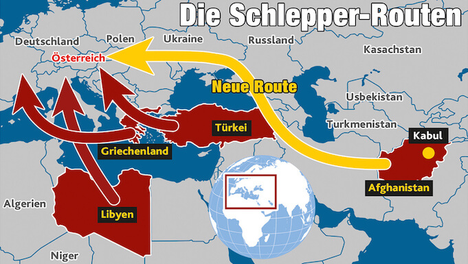 Die neuen Schlepperrouten sollen über Georgien, Russland und die Ukraine bis nach Österreich und Deutschland führen. (Foto: Krone-Grafik)