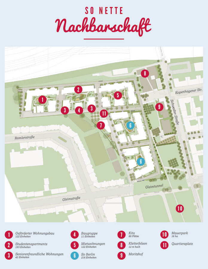 Der Projektplant für Berliner Wohnungsbaumischung von Eigentumswohnungen, Studentenapartments und Mietwohnungen im Mauerpark zwischen Prenzlauer Berg, rechts, und Wedding, links (Zeichnung: Groth Gruppe)