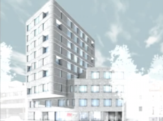 So soll der neue Hotelturm von Bauherr Felix Gädicke am Nollendorfplatz 2 in Berlin Schöneberg in zwei Jahren ausssehen. Die Bauarbeiten sollen nächste Woche beginnen. (Entwurf: Spereck Gesellschaft von Architekten GmbH, Westend)