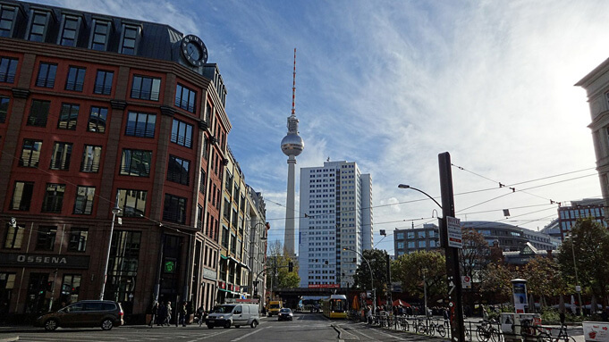 View of one of Berlin's most famous icons: the TV Tower in Mitte. 