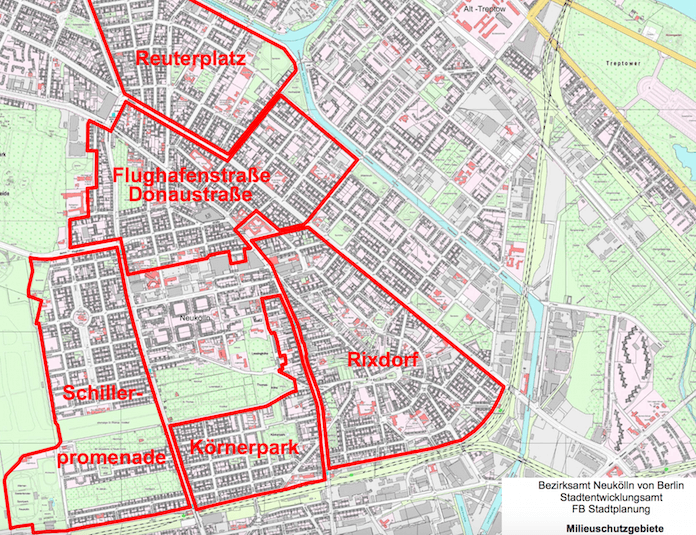 Die fünf Milieuschutzgebiete von Neukölln. Der Süden wie Britz, Buckow und Rudow sind nicht betroffen (Karte Bezirksamt Neukölln)