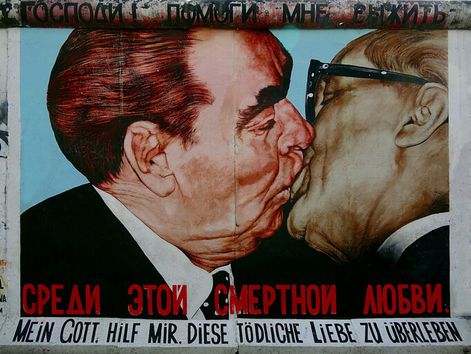 One of the most famous spots of the East Side Gallery, depicting Soviet leader Leonid Brezhnev and East German leader Erich Honecker sharing a kiss.