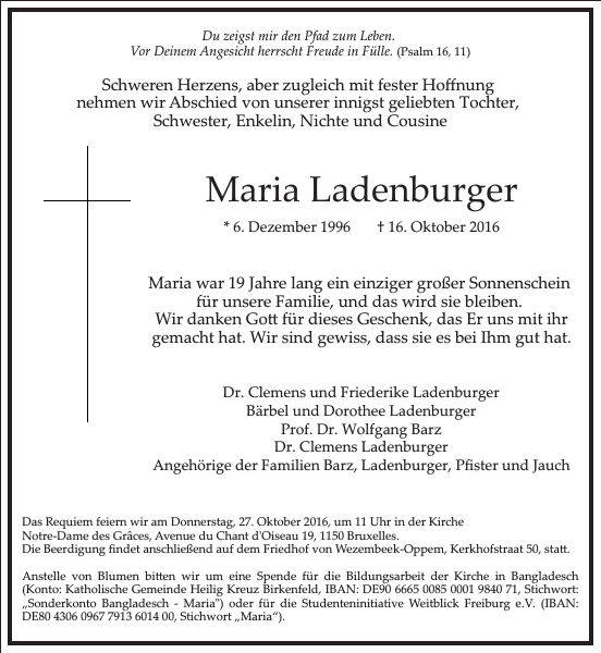 Traueranzeige Maria Ladenburger