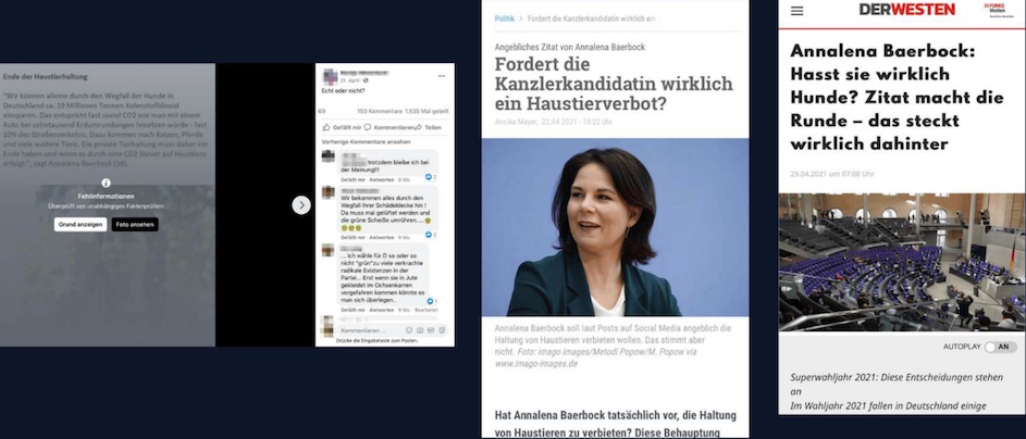 Links der Facebook-Post vom 21. April 2021 mit dem Desinformations-Narrativ „Haustierverbot”, der im Factcheck von AFP angegeben wird (22. April 2021). In der Mitte die Berichterstattung in den Stuttgarter Nachrichten und rechts die Medienberichterstattung in Der Westen über das hier behandelte Desinformations-Narrativ © Avaaz: Deutschlands Desinformations-Dilemma 202, eine Analyse zu Desinformation und Sozialen Medien im Vorfeld der deutschen Bundestagswahl vom 6. September 2021