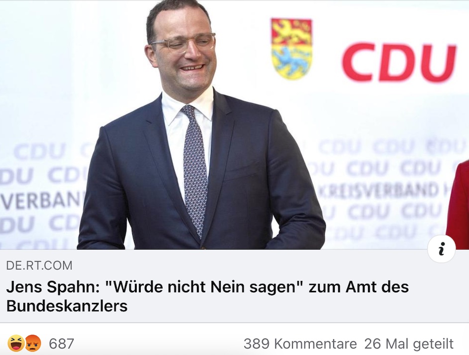 Stimmung  gegen die CDU: Das russische Staatsmedium RT DE zog am 7. September 2021 auf seiner Facebook-Seite den amtierenden CDU-Bundesgesundheitsminister Jens Spahn aus Berlin durch den Kakao: „Aber auch einen Job für sich als Erzieher in einer Kita halte er für denkbar.“ © Facebook.com/rtde vom 7. September 2021