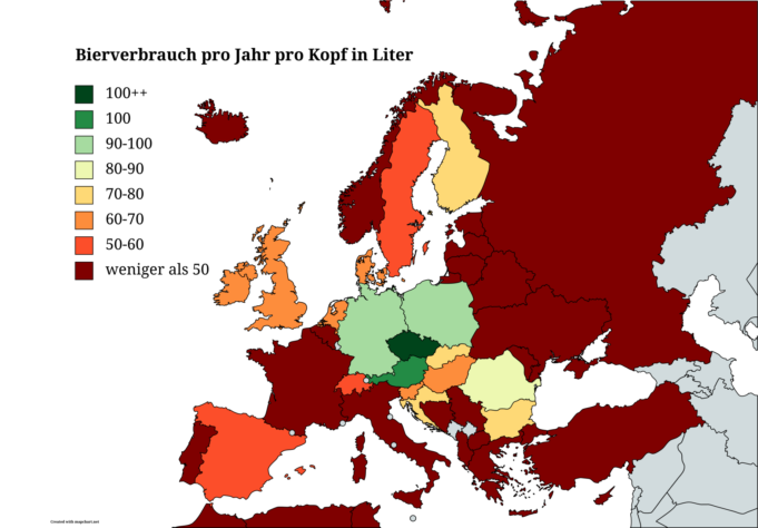 Bierverbrauch pro Kopf und pro Jahr in Europa