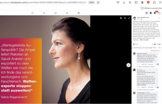 Ausriss von Sahra Wagenknecht Post auf Facebook.com am 11. Januar 2024 